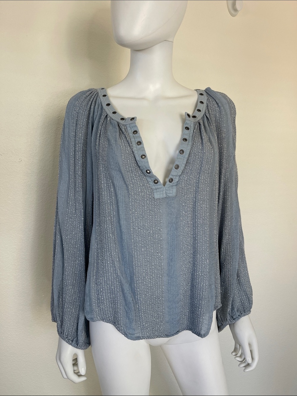 Free People Dusty Blue V-Neck Long Sleeve Peasant Blouse
